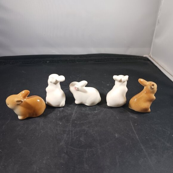 Mini Ceramic 2in Brown/White Bunny Rabbits Easter Decor Dollhouse Village - Picture 2 of 7